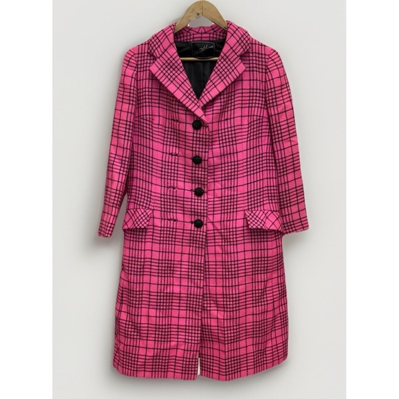 bill blass Jackets & Blazers - Vintage 1960s Bill Blass Hot Pink Black Plaid Dress Coat Jacket Size 8 ILGWU